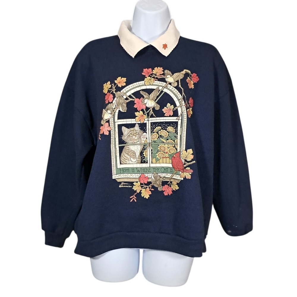 VTG 90s Morning Sun Cat Window Sweatshirt Blue Collared Medium Grandma Autumn